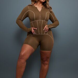 PrettyLittleThing Shape Contrast Stitch Zip Up Unitard Espresso Brown Size Large